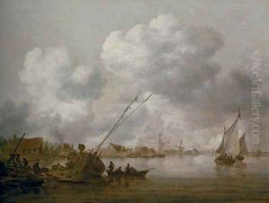 An estuary with a small schip being caulked in the foreground by Jan van Goyen