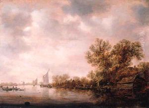 Peasants and cattle on a ferry with fishermen in rowing boats nearby, on a cloudy day by Jan van Goyen