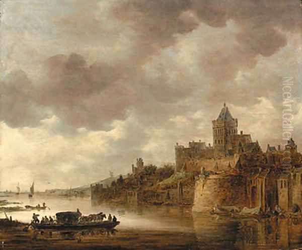 The Valkhof at Nijmegen with a coach and horses on a ferry on the River Waal - view 1