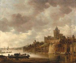 The Valkhof at Nijmegen with a coach and horses on a ferry on the River Waal by Jan van Goyen