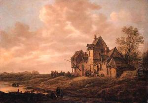 Travellers at an inn by a river with peasants and a washerwoman nearby, at sunset, on a cloudy day