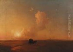 Camel-cart At Sunset In A Coastal Landscape by Ivan Konstantinovich Aivazovsky
