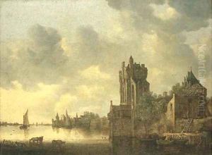 A river landscape with cows watering by a fortified tower by Jan van Goyen