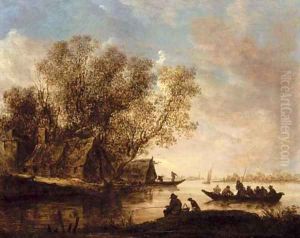 A river landscape with fishermen and a cottage on the bank by Jan van Goyen