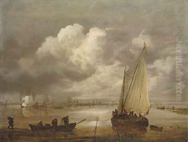 A river landscape with fishermen drawing in their nets and a town beyond - view 1