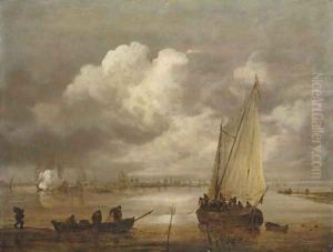 A river landscape with fishermen drawing in their nets and a town beyond by Jan van Goyen