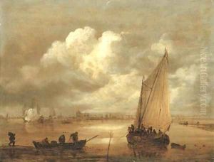 A river landscape with fishermen drawing in their nets, a town beyond by Jan van Goyen