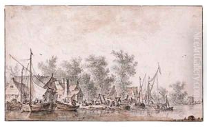 A Village Harbour along a River by Jan van Goyen
