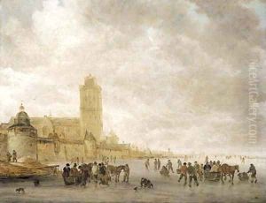 A winter landscape with skaters on the Maas in Dordrecht by Jan van Goyen
