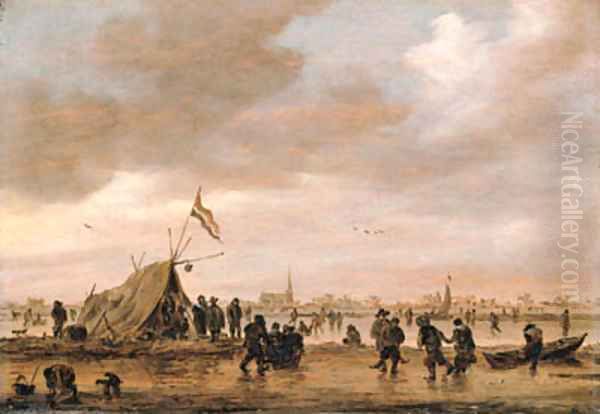 A winter landscape with villagers on a frozen waterway - view 1