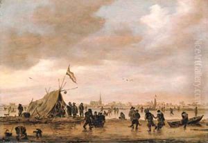 A winter landscape with villagers on a frozen waterway by Jan van Goyen