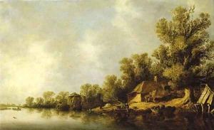 A wooded river landscape with fisherfolk and peasants by a cottage by Jan van Goyen