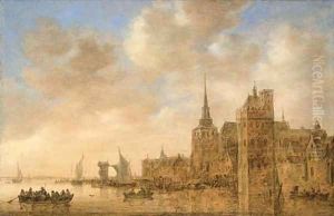 An imaginary view of Antwerp from the Scheldt, a ferry with passengers in the foreground