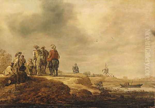 Cavalrymen halted on a riverbank, a windmill beyond - view 1