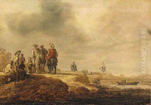 Cavalrymen halted on a riverbank, a windmill beyond by Jan van Goyen