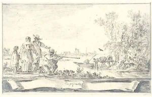 Elegant company shooting birds in an estuary Design for a title-page by Jan van Goyen