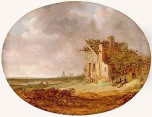 Le Pigeonnier An extensive landscape with peasants sitting on a bank by a dilapidated cottage by Jan van Goyen