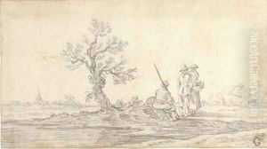 Three peasants resting on a path