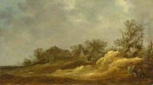 Travellers resting on a track, a village in the distance by Jan van Goyen