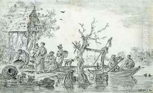 Villagers by a dovecote at a ferry station - view 1