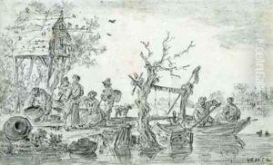 Villagers by a dovecote at a ferry station