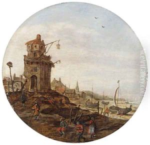 Villagers skating on a frozen waterwaybefore a church by Jan van Goyen