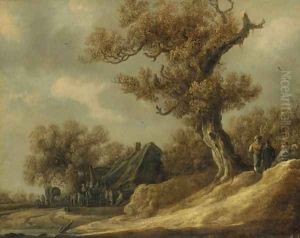 A dune landscape with peasants talking under a tree, an inn with travellers beyond by Jan van Goyen