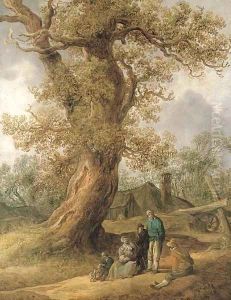 A family of peasants sitting under an oak tree with cottages in the distance by Jan van Goyen