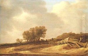 A landscape with sand dunes and figures leaning on a fence by Jan van Goyen