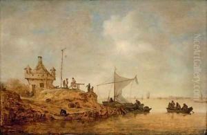 A river landscape with a ferry crossing and peasants by a cannon A river landscape with a ferry crossing and peasants by a cannon