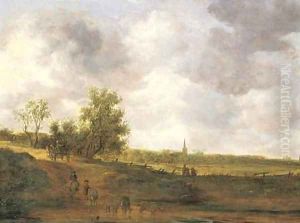 A rural landscape with peasants and a drover by a track, a village beyond 2 by Jan van Goyen