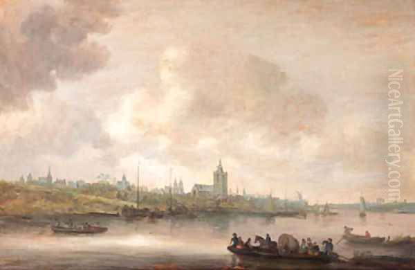 A view of Arnhem with fishermen in rowing boats in the foreground - view 1