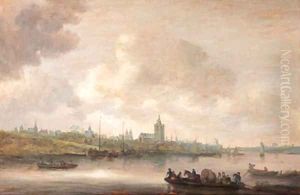 A view of Arnhem with fishermen in rowing boats in the foreground by Jan van Goyen