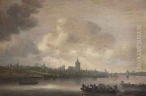 A view of Arnhem with fishermen in rowing boats in the foreground 2 by Jan van Goyen