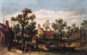 A village by a river with peasants and cattle on a ferry setting out from a landing stage, in summer by Jan van Goyen