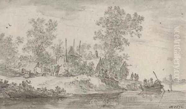 A village on the banks of a canal with cattle and fishermen - view 1