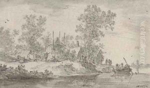 A village on the banks of a canal with cattle and fishermen by Jan van Goyen