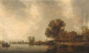 A wooded river landscape with fishermen in a boat checking creels before a bridge by Jan van Goyen