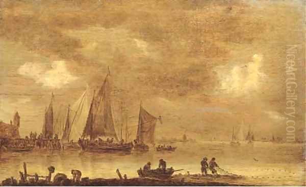 An estuarine landscape with fishermen drawing in nets in the foreground, boats by a jetty beyond - view 1