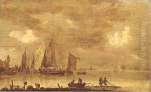 An estuarine landscape with fishermen drawing in nets in the foreground, boats by a jetty beyond by Jan van Goyen