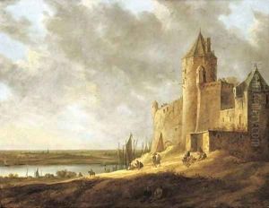 An extensive river landscape with peasants by a castle