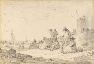 Figures seated among dunes, a tower to the right, ships drawn up on the beach beyond by Jan van Goyen