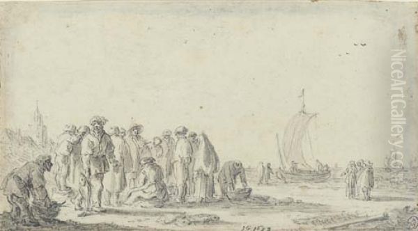 Fisherfolk on a beach, the fishing fleet seen beyond - view 1