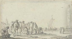 Fisherfolk on a beach, the fishing fleet seen beyond by Jan van Goyen