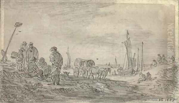 Fishermen on a beach, sailing boats seen beyond - view 1