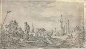 Fishermen on a beach, sailing boats seen beyond by Jan van Goyen