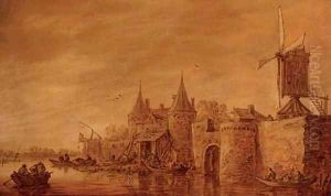 Fortifications and a windmill along a river by Jan van Goyen