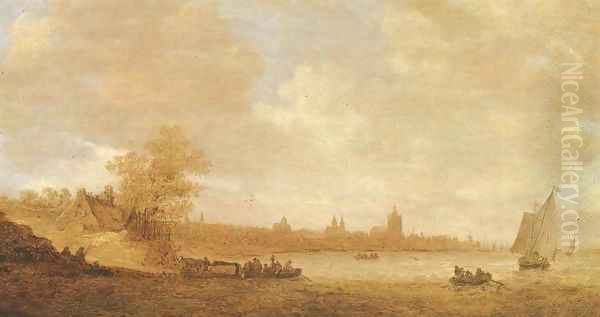 A cattle ferry and other shipping on the river Rhine, with the city of Arnhem beyond - view 1