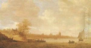 A cattle ferry and other shipping on the river Rhine, with the city of Arnhem beyond by Jan van Goyen