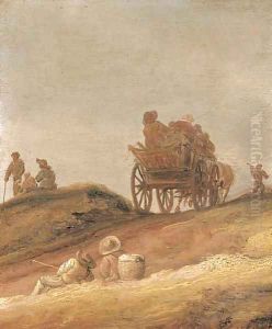 A dune landscape with peasants in a horsedrawn cart and travellers resting on a path by Jan van Goyen